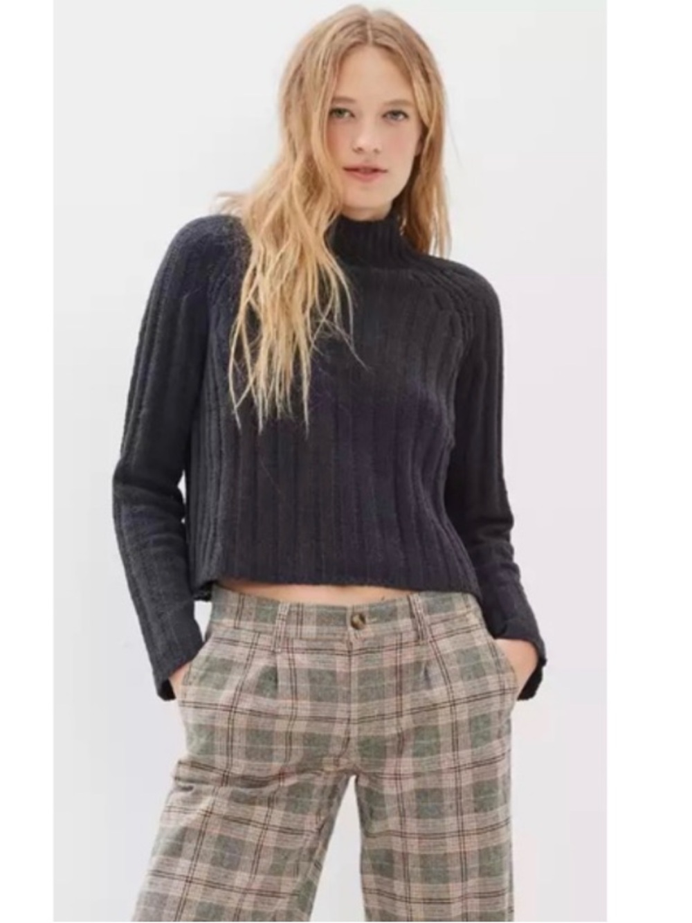 American Eagle Chenille Chunky Rib Knit Crop Mock Oversized Sweater Grey Small